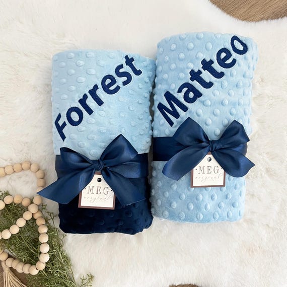 Baby Shower Gift { Soft Navy Blue and Baby Blue Minky Dot Boy Blanket } Option to Personalize with Name or Initials Monogram Embroidery