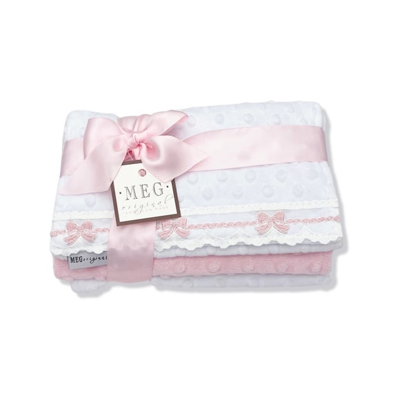 Baby Girl Burp Cloth Set of 3 { Heirloom Collection } Pink & White Minky with Bows + Option to Personalize with Name or Initials Monogram