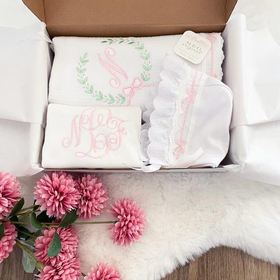 Personalized Baby Girl Boxed Shower Gift Set {Heirloom Collection} Pink Bows-Blanket + Gown + Bonnet, Personalized with Name &/or Initials