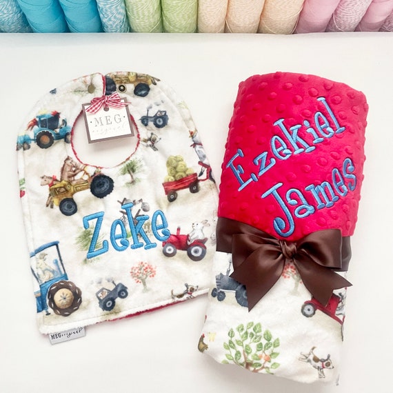 Personalized Minky Baby Blanket & Bib Set { FUNNY FARM } Soft Farm Animals Western Theme Blanket with Name - Choose Size - Baby Shower Gift