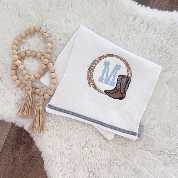 Embroidered Baby Burp Cloths { Cowboy Theme with Cute Boots + Rope } Soft and Absorbent 100% Cotton with Custom Embroidery + Initial