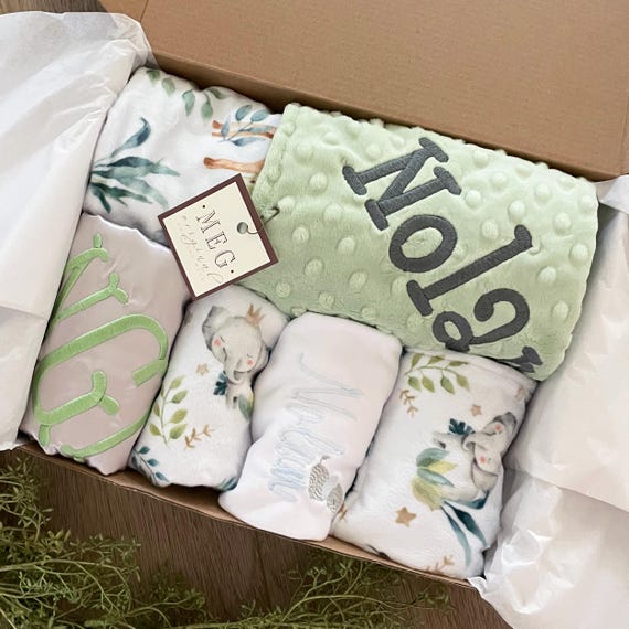 Safari Babies Minky Gift Set – Blanket, Burp Cloths, Bib, Onesie, Lovey (Personalizable)