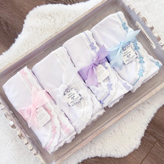 Heirloom Baby Blanket { Your Choice of Lace Bow Trim Color } Knit Swaddle Blanket + Delicate Bows- Pink, Blue, White, Red, Lavender, Black