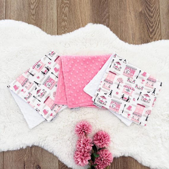 French Cafe Baby Girl Burp Cloth Set of 3, Made and Ready to Ship