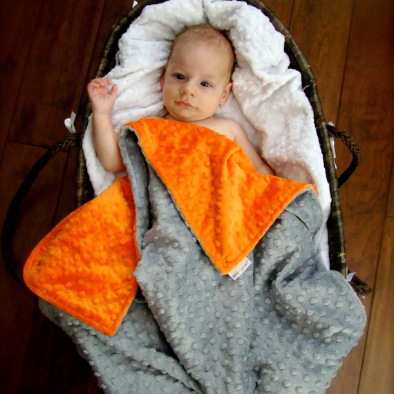 Orange & Gray Dot Baby Blanket { Unisex Shower Gift } Option to Personalize with Name or Initials - Crib, Stroller, Child, or Lovey Size