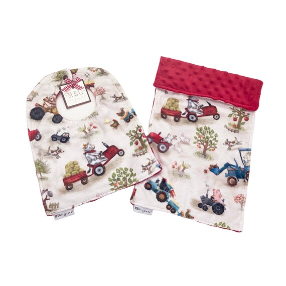Baby Adjustable Snap Bib & Burp Cloth Set { Funny Farm } Gender Neutral / Unisex - Animals + Tractors - LAST SET!