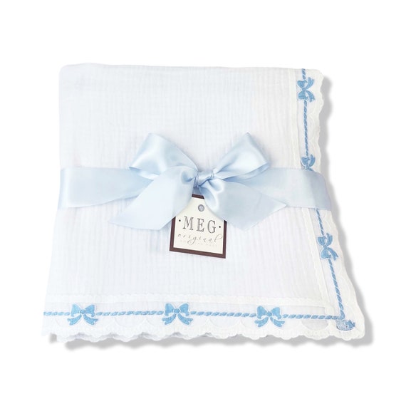 Heirloom Baby Boy Blanket { White & Blue Bows } Cotton Swaddle Blanket with Delicate Blue Bow Trim Finishing