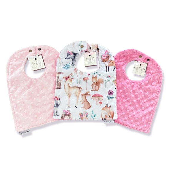 Minky Baby Girl Bib Set of 3 { Baby-to-Toddler Adjustable Snap Bibs } Sweet Darlings Woodland Animals + Pink + Paris Pink, Soft & Durable