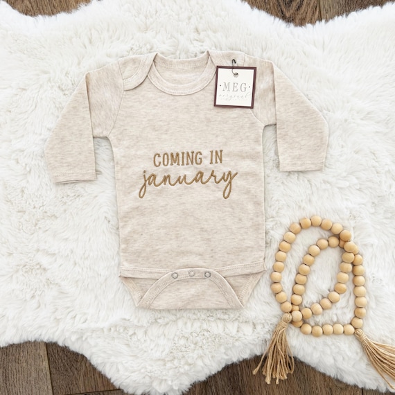 Custom Personalized Newborn Baby Bodysuit, Embroidered with "Coming in (Your Month)" Pregnancy Announcement