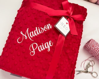 Christmas Red Minky Dot Baby Blanket { Baby Shower Gift } + Personalization with Name or Initials - Crib, Stroller, Child, or Lovey