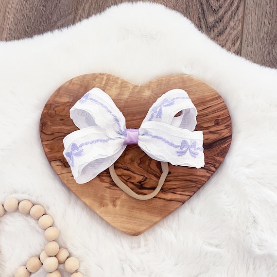 Lavender and White Bows Baby Girl Hair Bow on Super Soft Headband { Heirloom Collection } Popular Purple Shower Gift, Gender Reveal Gift