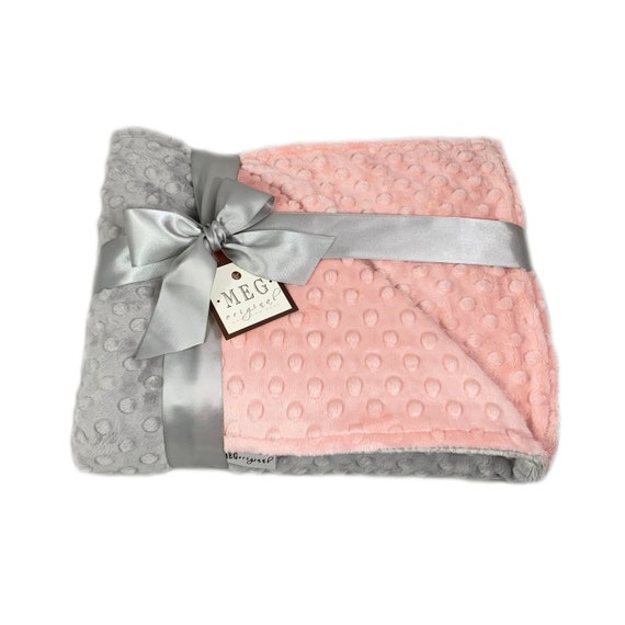 Peach & Gray Minky Dot Baby Girl Blanket { Shower Gift } Option to Personalize with Name or Initials - Crib, Stroller, Child, or Lovey Size