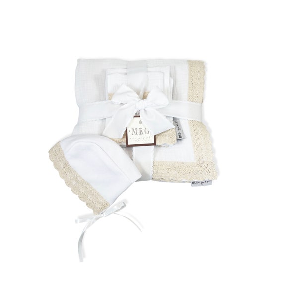 Baby Shower Gift Set { Heirloom Collection } White with Natural Crochet Trim Blanket + Burp Cloth + Bib + Bonnet,Gender Neutral, Unisex, Boy