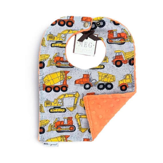 Construction Zone Bib { Baby/Toddler Boy Adjustable Snap Bib } Soft & Absorbent-Cute Shower Gift -Tractors, Dump Trucks, Movers on Orange