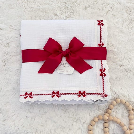 Heirloom Baby Girl Blanket { White + Red Bows } Cotton Swaddle Blanket with Delicate Bow Lace Trim Finishing