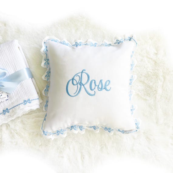 Beautiful Personalized Baby Girl Decorative Pillow with Blue Bow Ruffle Trim { Heirloom Collection } Embroidered Name or Initials Monogram