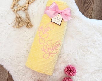 Personalized Yellow Minky Dot Baby Blanket with Embroidered Name or Initials