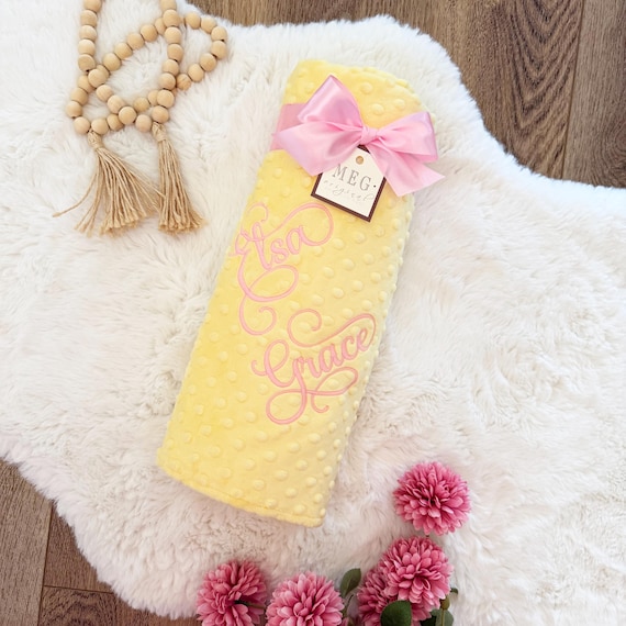 Personalized Yellow Minky Dot Baby Blanket with Embroidered Name or Initials