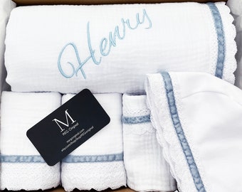 Baby Boy Deluxe Boxed Gift Set {Heirloom Collection} White & Blue - Blanket + 2 Burp Cloths + Bonnet + Bib + Lovey, Option to Personalize