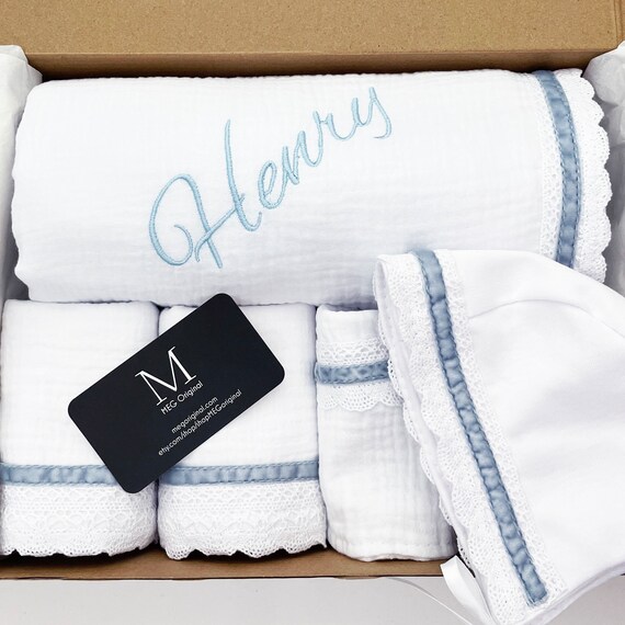 Baby Boy Deluxe Boxed Gift Set {Heirloom Collection} White & Blue - Blanket + 2 Burp Cloths + Bonnet + Bib + Lovey, Option to Personalize