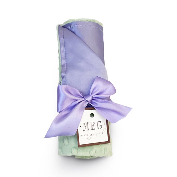 Sage Green Minky Dot & Lavender Satin Baby Blanket in Security/Lovey Size, Made and Ready for Quick Ship