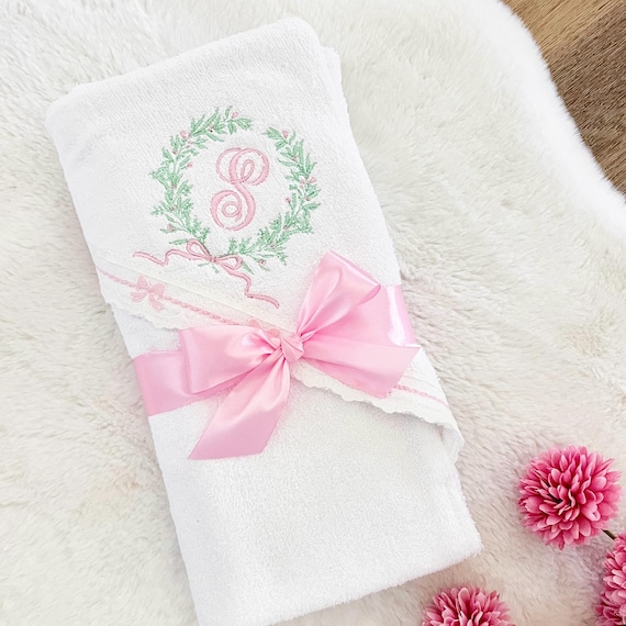 Personalized Hooded Baby Towel with Baby's Name or Initials { Pink Bow LaceTrim } Pretty Customized Embroidered Baby Shower Gift