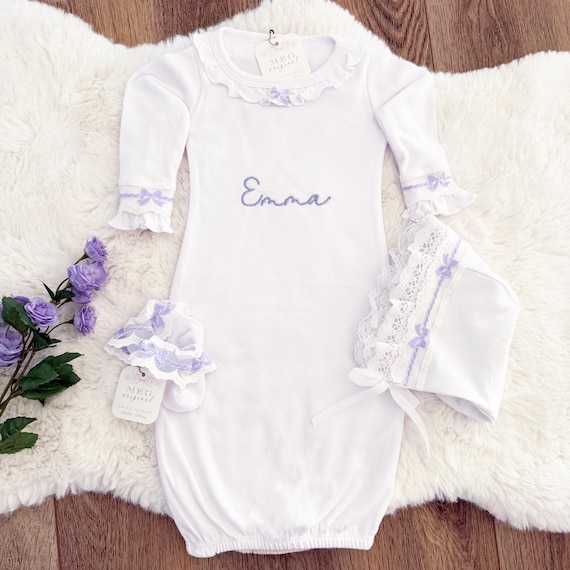 Newborn Baby Girl Going Home Outfit { Lavender Bows Gown, Lace Bonnet, & Ruffle Sock Set } Personalized with Embroidered Name or Initials