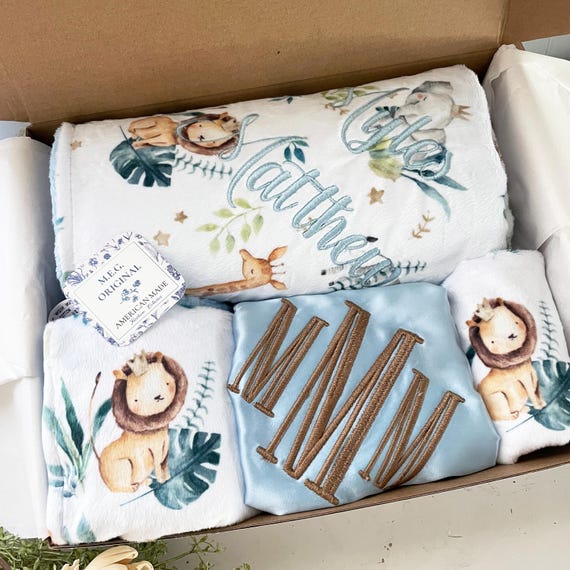Deluxe Boxed Baby Gift Set { Safari Babies } Soft Animals in Crowns Minky - Blanket + 2 Burp Cloths + Bib + Lovey, Option to Personalize