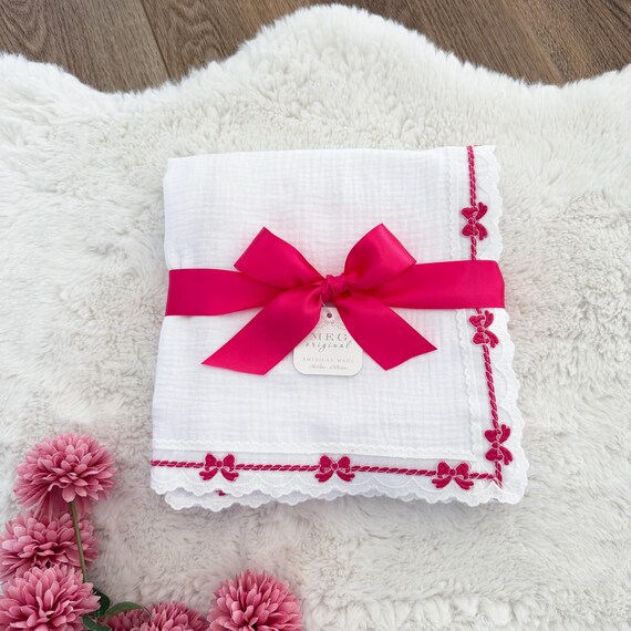 Heirloom Baby Girl Blanket { White & Hot Pink Bows } Cotton Swaddle Blanket with Delicate Bow Trim Finishing