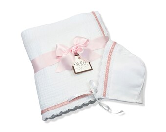 White with Pink Trim Baby Girl Swaddle Blanket & Bonnet Set { Heirloom Collection } Option to Personalize w/ Name or Initials Monogram