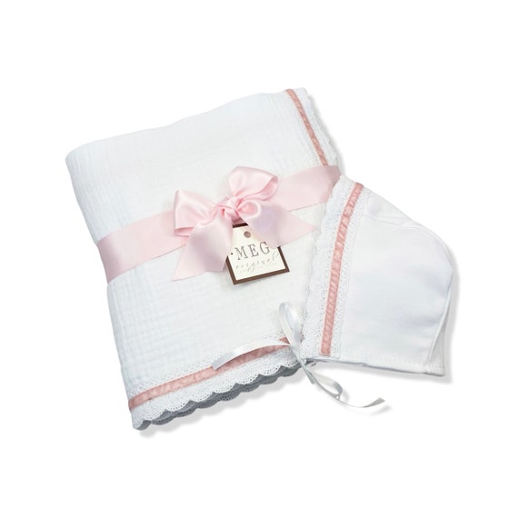 White with Pink Trim Baby Girl Swaddle Blanket & Bonnet Set { Heirloom Collection } Option to Personalize w/ Name or Initials Monogram