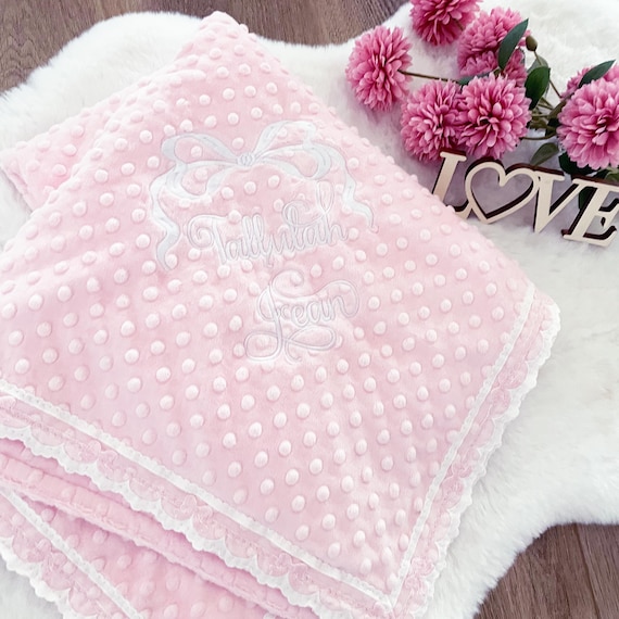 Pink Heirloom Baby Girl Minky Dot Blanket with Delicate White & Pink Bow Lace Trim Finishing + Option to Personalize with Name or Initials
