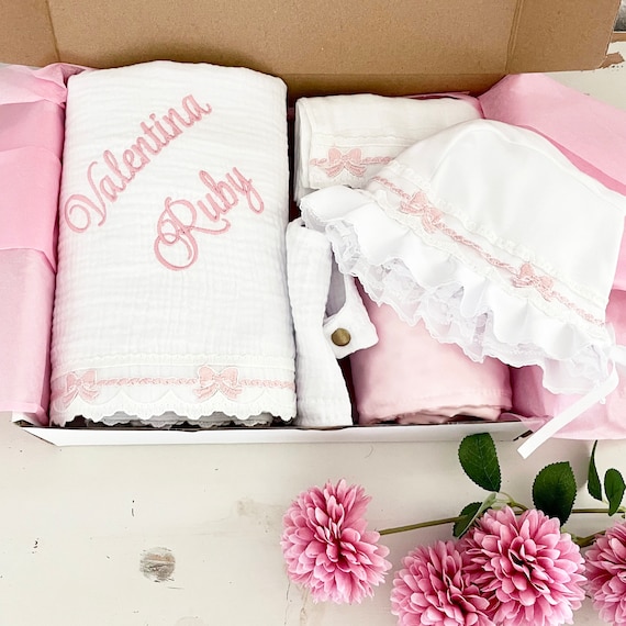 Personalized Baby Girl Deluxe Boxed Gift Set {Heirloom Collection} Pink Bows-Blanket + 2 Burp Cloths + Bonnet + Bib + Satin Lovey