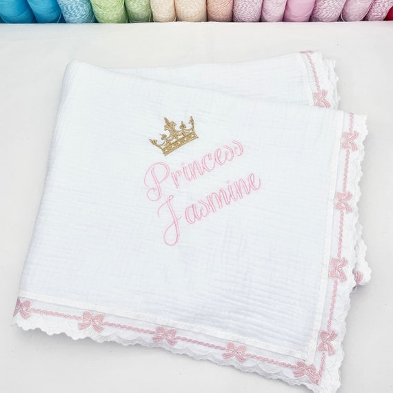 Golden Princess Crown Heirloom Baby Girl Blanket { White & Pink } Cotton Swaddle Blanket with Delicate Pink Bow Trim Finishing PRE-ORDER