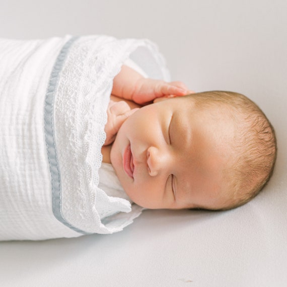White & Blue Baby Boy Swaddle Blanket { Heirloom Collection } 100% Cotton with Blue Velvet Stripe + Option to Personalize