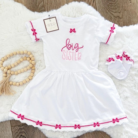 Big Sister Dress - Pregnancy Announcement Outfit - Twirl Dress, Hair Bow, & Ruffle Socks in Your Choice of Bow Color