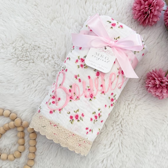 Pretty Pink Floral Baby Blanket with Delicate Crochet Lace Trim { Heirloom Collection } Swaddle or Crib + Personalize with Name or Monogram