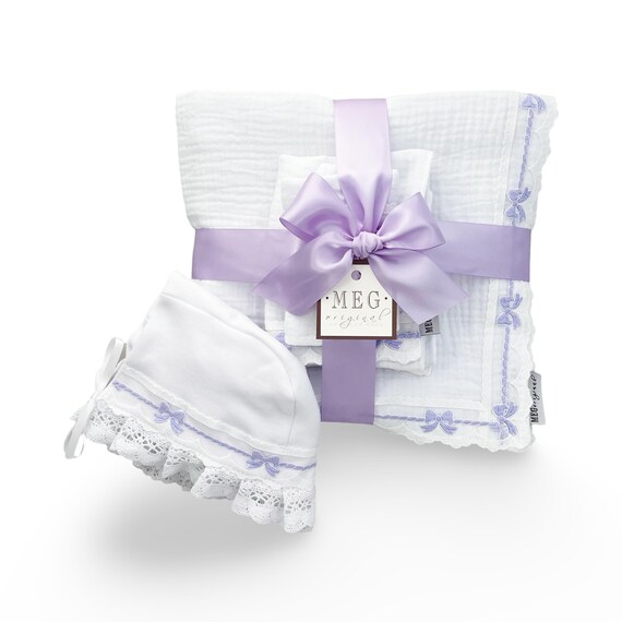 Baby Girl Shower Gift Set { Heirloom Collection } Blanket, Burp Cloth, Bib + Bonnet in White with Lavender Bows