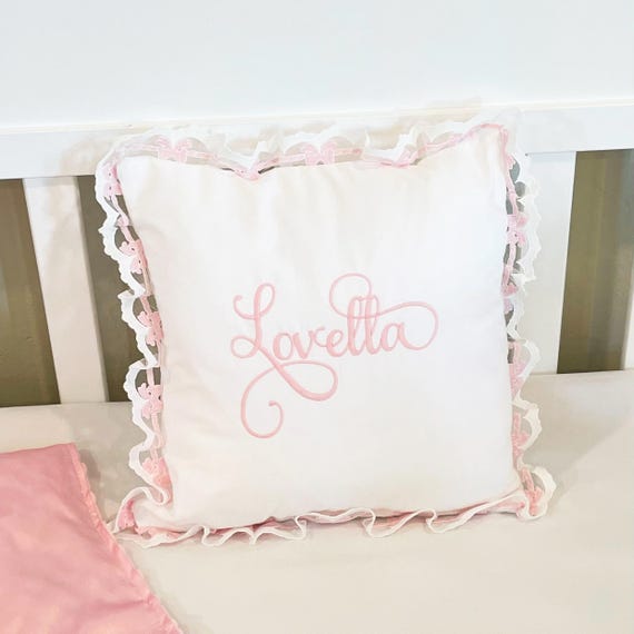 Beautiful Custom Baby Girl Decorative Pillow with Pink & White Bow Ruffle Trim { Heirloom Collection } Embroidered Name or Initials Monogram