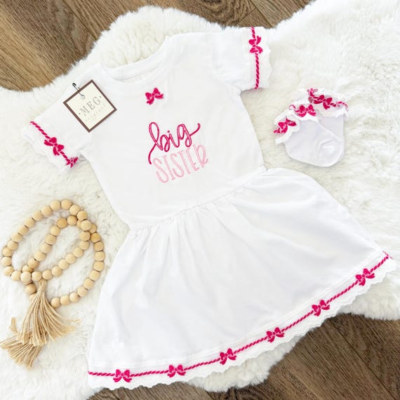 Big Sister Dress Set – Cotton Twirl Dress, Bow, Ruffle Socks (Customizable)