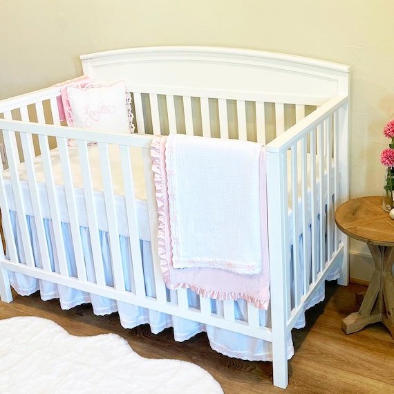 Custom Heirloom Baby Girl Bedding Set { White & Pink Bows } Cotton Swaddle / Crib Blanket, Crib Skirt, Name Pillow, Burp Cloths, Bonnet, Bib
