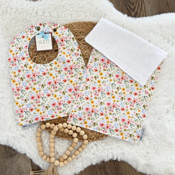 Floral Bows Bib & Burp Cloth Set + Option to Embroider Name or Initials Monogram
