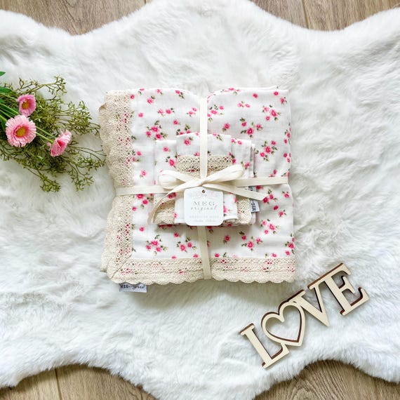 Pink Floral Baby Shower Gift Set { Heirloom Collection } Blanket, Burp Cloth + Bib with Option to Personalize with Name or Initials Monogram