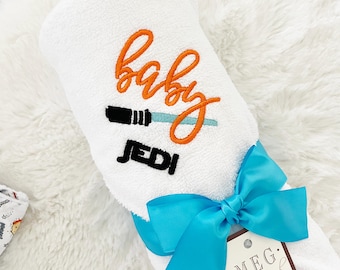 Baby Jedi Hooded Baby Towel { Star Wars Theme } Lightsaber Embroidered Baby Shower or New Baby Gift