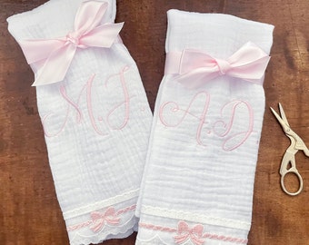 Cotton & Lace Baby Girl Burp Cloth Set of 2 { Heirloom Collection } Pink Bows + Option to Personalize with Name or Initials Monogram