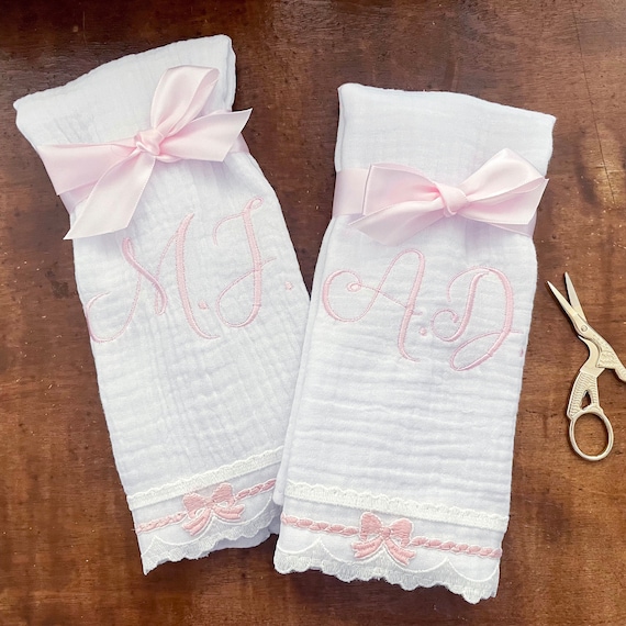 Cotton & Lace Baby Girl Burp Cloth Set of 2 { Heirloom Collection } Pink Bows + Option to Personalize with Name or Initials Monogram