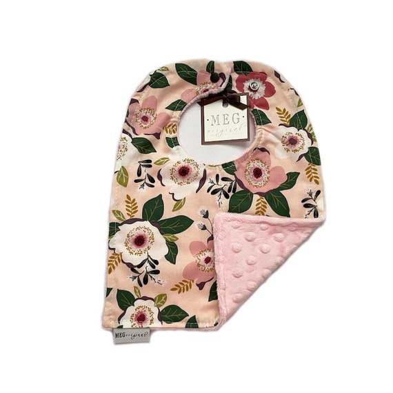 Pretty Floral Baby Girl Adjustable Snap Bib - Pink & Mauve Flowers on Peach - Grows with Baby into a Toddler, Absorbent Cotton on Soft Minky