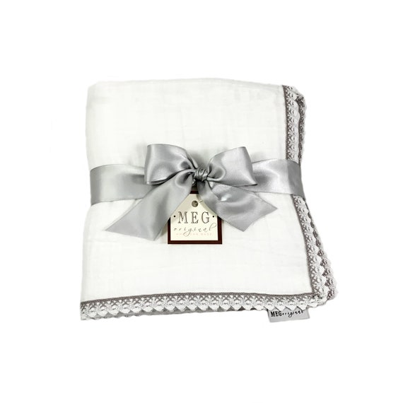 Heirloom Baby Blanket { White & Gray } Cotton Swaddle Blanket