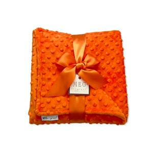 Orange Minky Dot Baby Blanket Shower Gift with Option to Personalize with Name or Initials Monogram - Crib, Stroller, Child, or Lovey Size