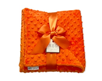 Orange Minky Dot Baby Blanket Shower Gift with Option to Personalize with Name or Initials Monogram - Crib, Stroller, Child, or Lovey Size